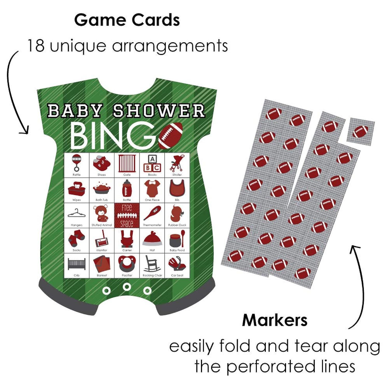 Big Dot of Happiness End Zone - Football - Picture Bingo Cards and Markers - Baby Shower Shaped Bingo Game - Set of 18