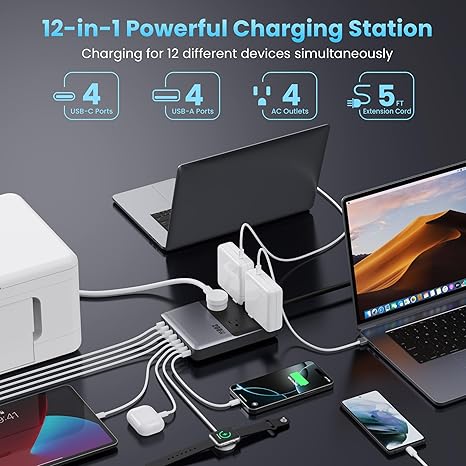 200W GaN USB C Charging Station 12 in 1 Power Strip 4 Outlets 8 USB Ports 5FT Extension Cord