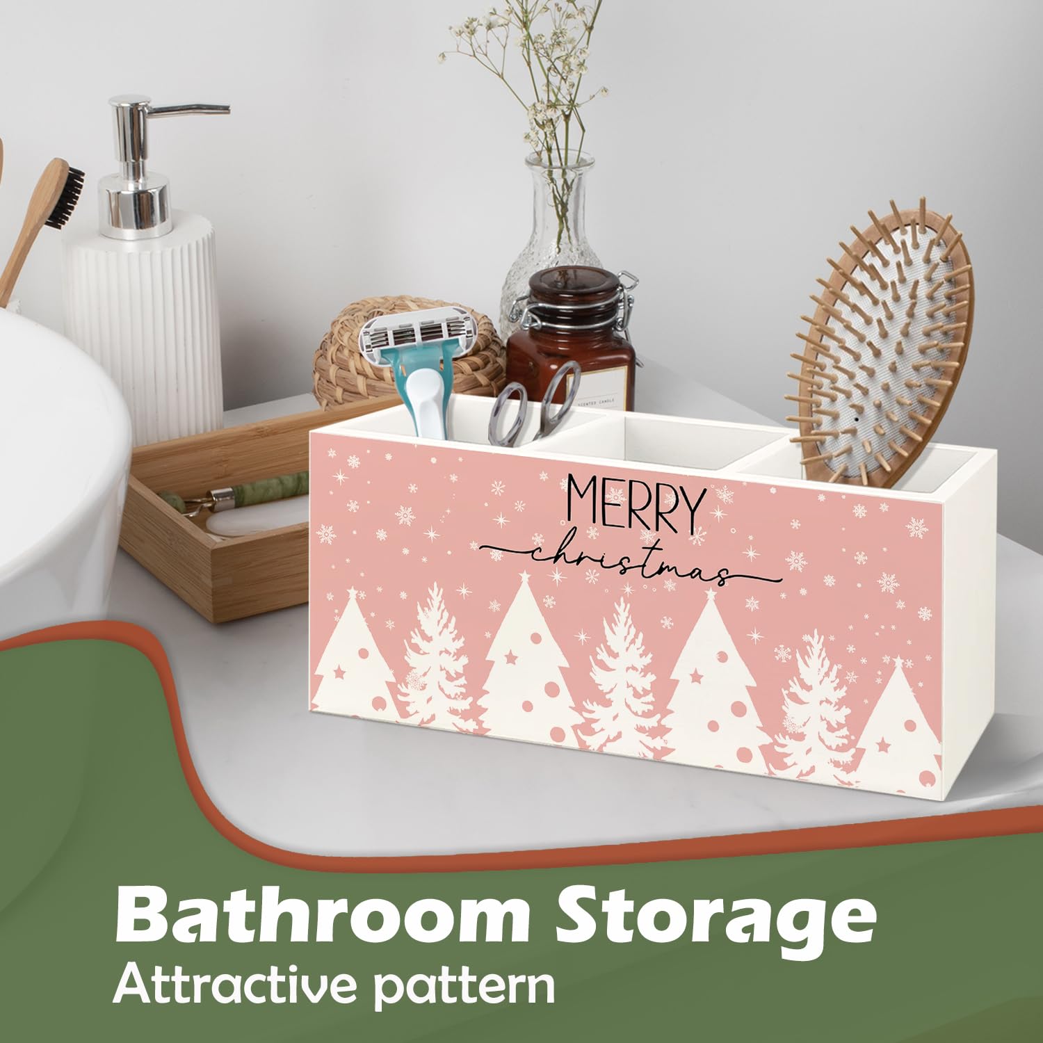 Merry Christmas Kitchen Utensil Holder, Pink Christmas Xmas Tree Snowflake Wooden Utensil Holder Organizer For Kitchen Countertop Counter Shelf Table Decor