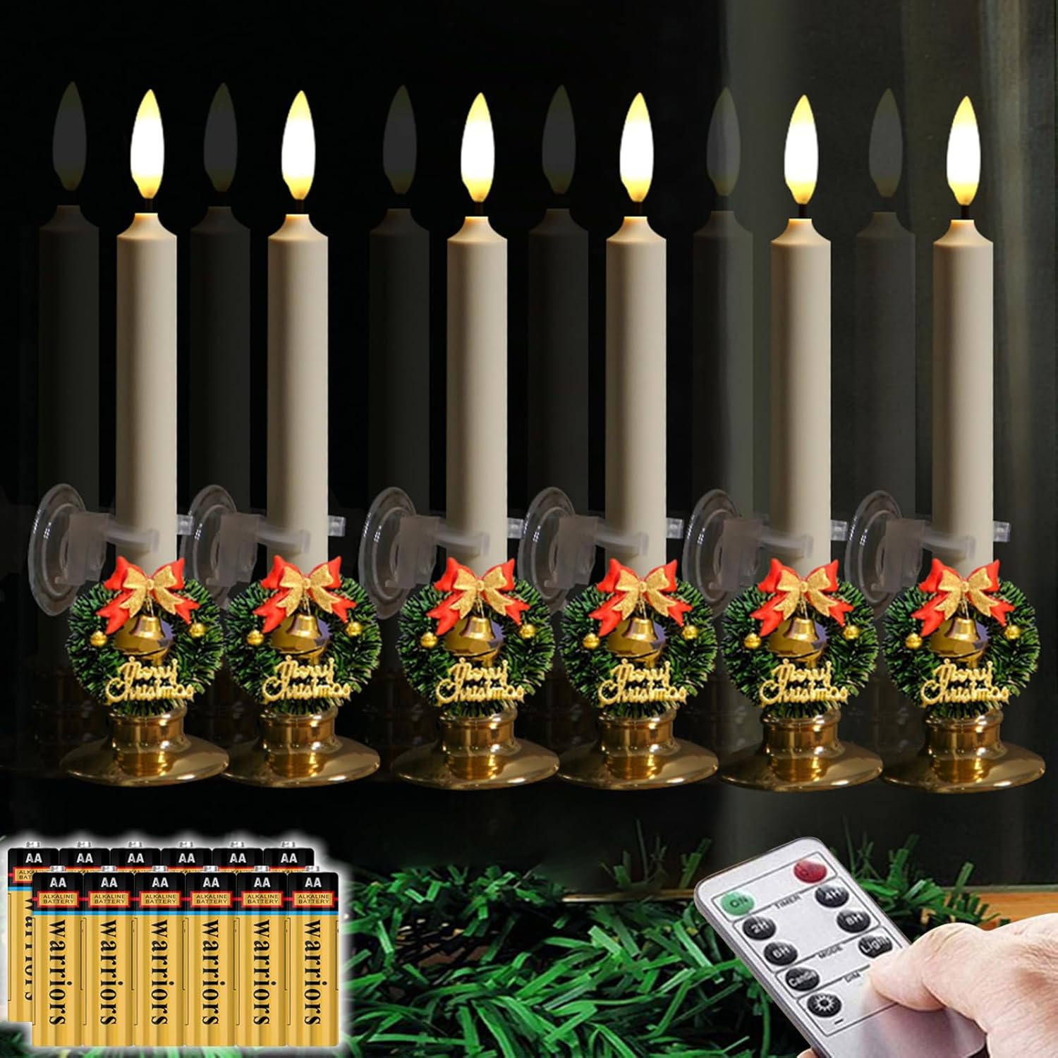 6 Pack Flameless 8.7'' Window Candles +6 Wreath(With Bows/Bells)+12 Aa Batteries(Include)+ 6 Suction Cups+ 6 Golden Candleholders. Battery Powered Ivory Taper Candle With Remote And Timer
