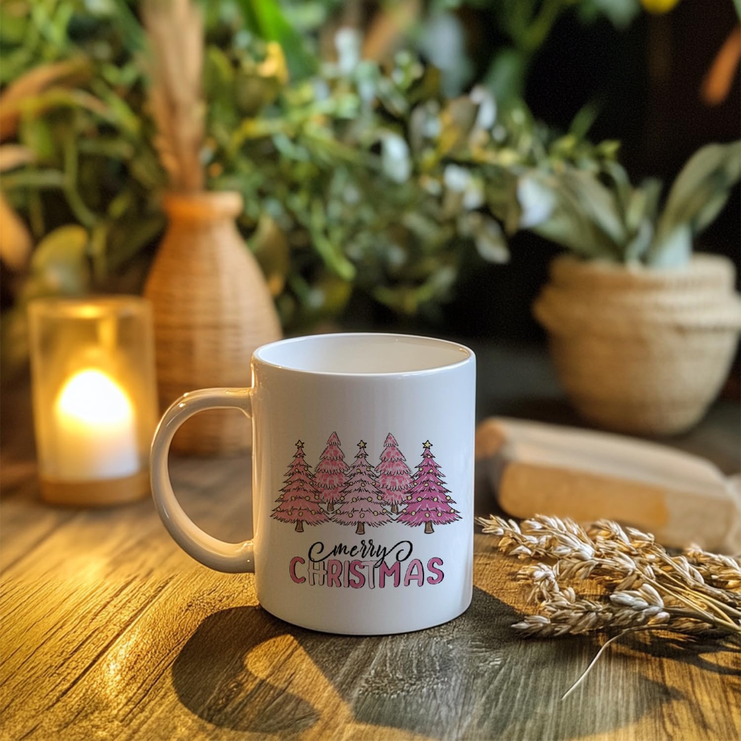 Merry Christmas Cute Pink Coffee Mugs, Christmas Tree Winter Ceramic Coffee Mug, Christmas Holiday Drinking Party Mugs For Coffee Tea Hot Coco Lattes, 11Oz Ceramic Cup White