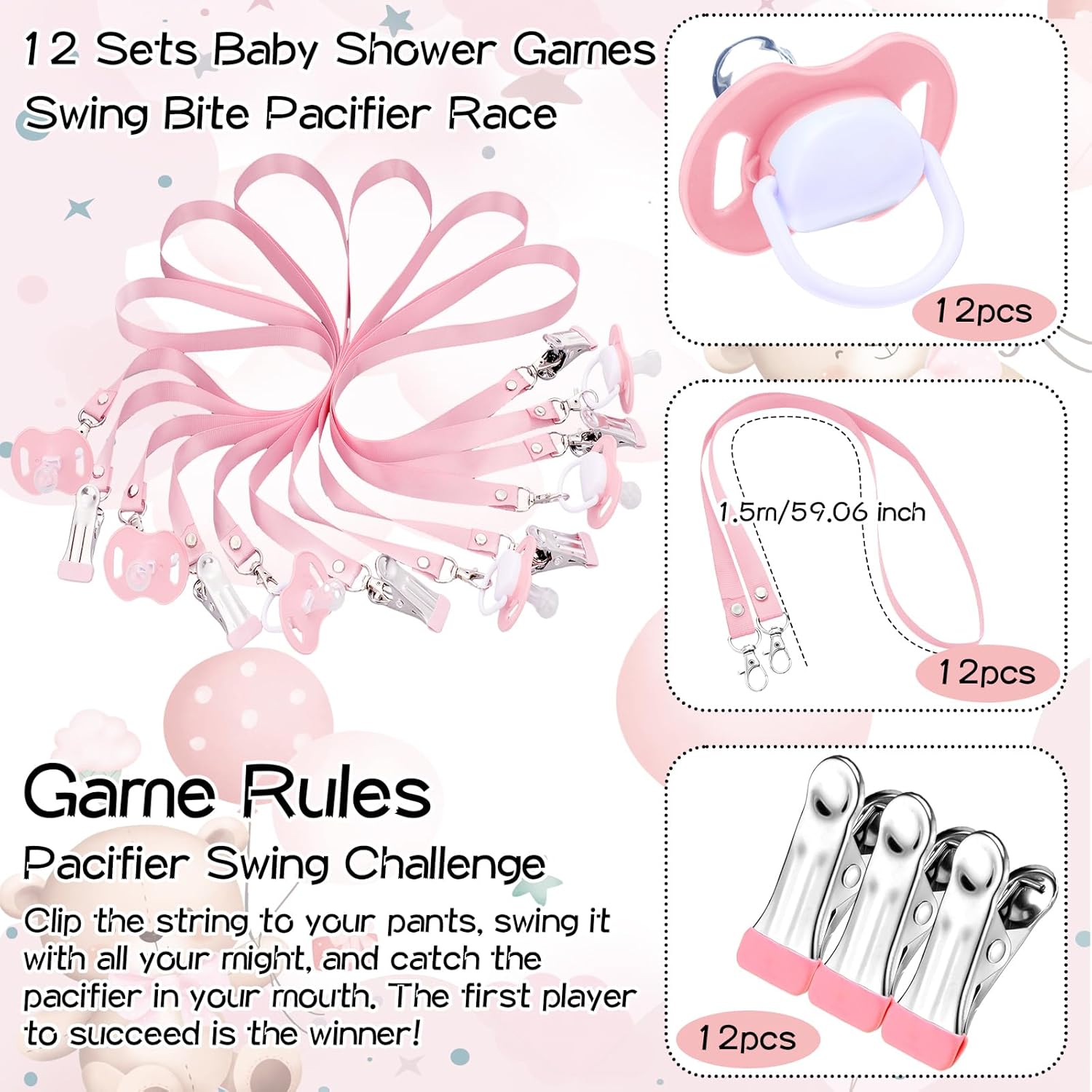 12 Sets Swing Pacifier Baby Shower Games Funny Gender Reveal Games, Include 1 Wooden Sign And 12 Plastic Pacifiers For Bridal Baby Shower Gender Reveal Party Women Men(Bear,Pink)