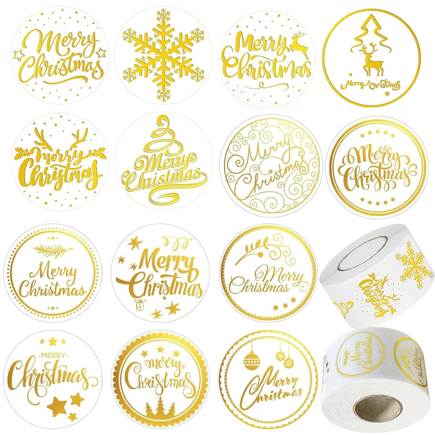 Merry Christmas Stickers Christmas Gold Foil Roll Seal Self-Adhesive Label 1000 Pcs 1" Round Xmas Envelope Card Gift Box Decoration