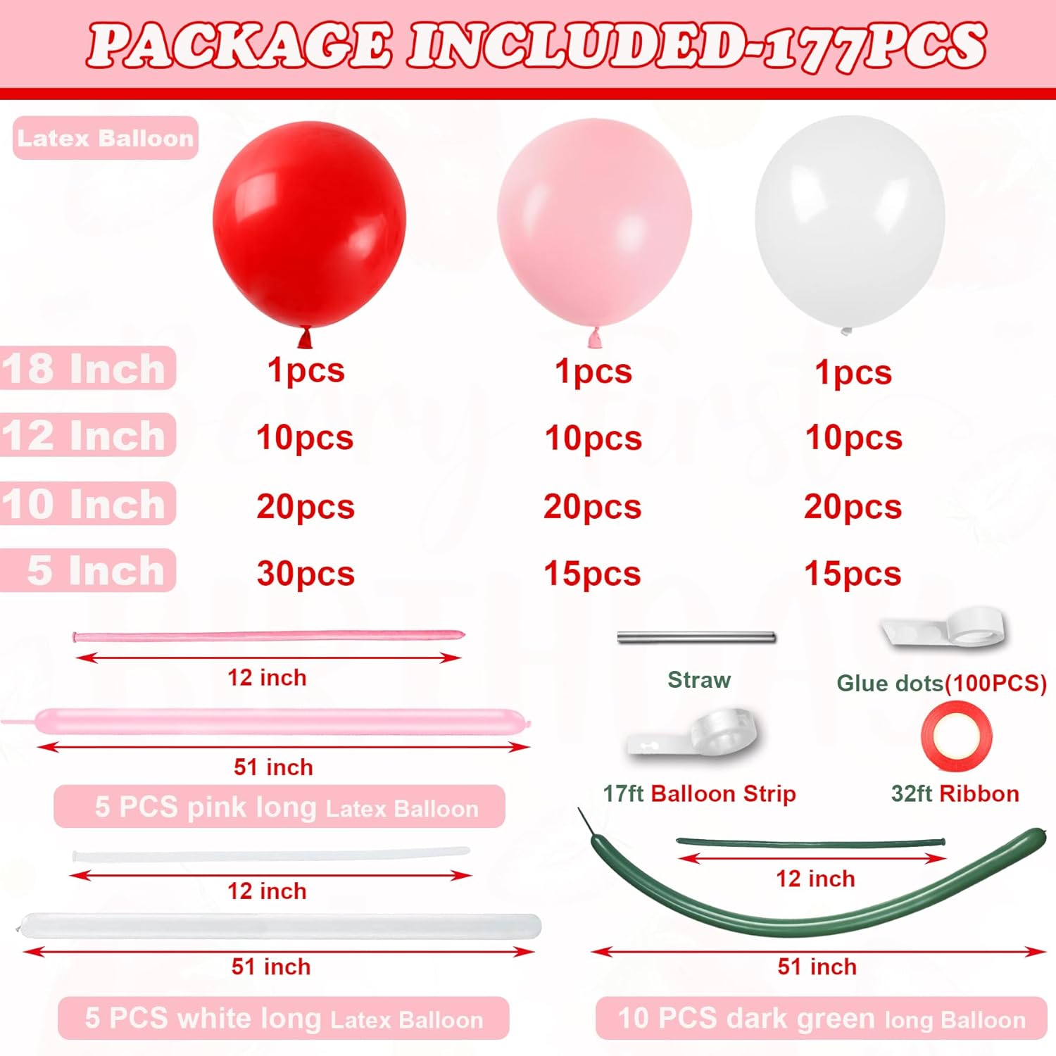 Cherry Balloon Garland Arch Kit,177Pcs Red Pink White Balloons With Diy Coquette Bow Light Pink Red White Balloons For Girls Birthday Baby Shower Wedding Bridal Shower Party Decorations