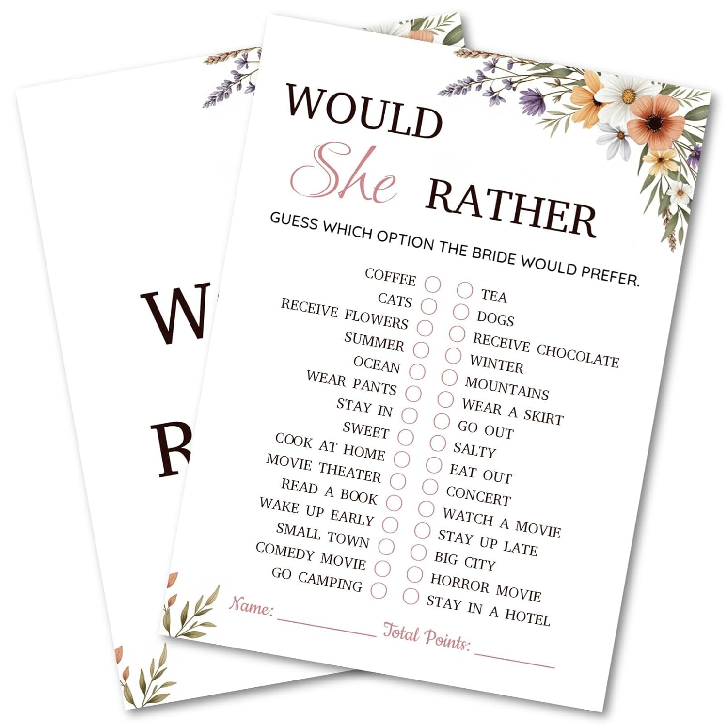 Bridal Shower Party Game Cards - Would She Rather For Wedding Engagement Bachelorette - Elegant Romantic Bohemian, Daisies Lavender, 30 Pcs 5X7 Inch, Ready To Play
