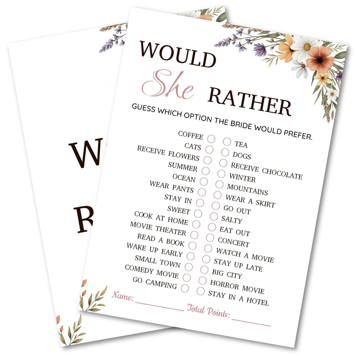 Bridal Shower Party Game Cards - Would She Rather For Wedding Engagement Bachelorette - Elegant Romantic Bohemian, Daisies Lavender, 30 Pcs 5X7 Inch, Ready To Play