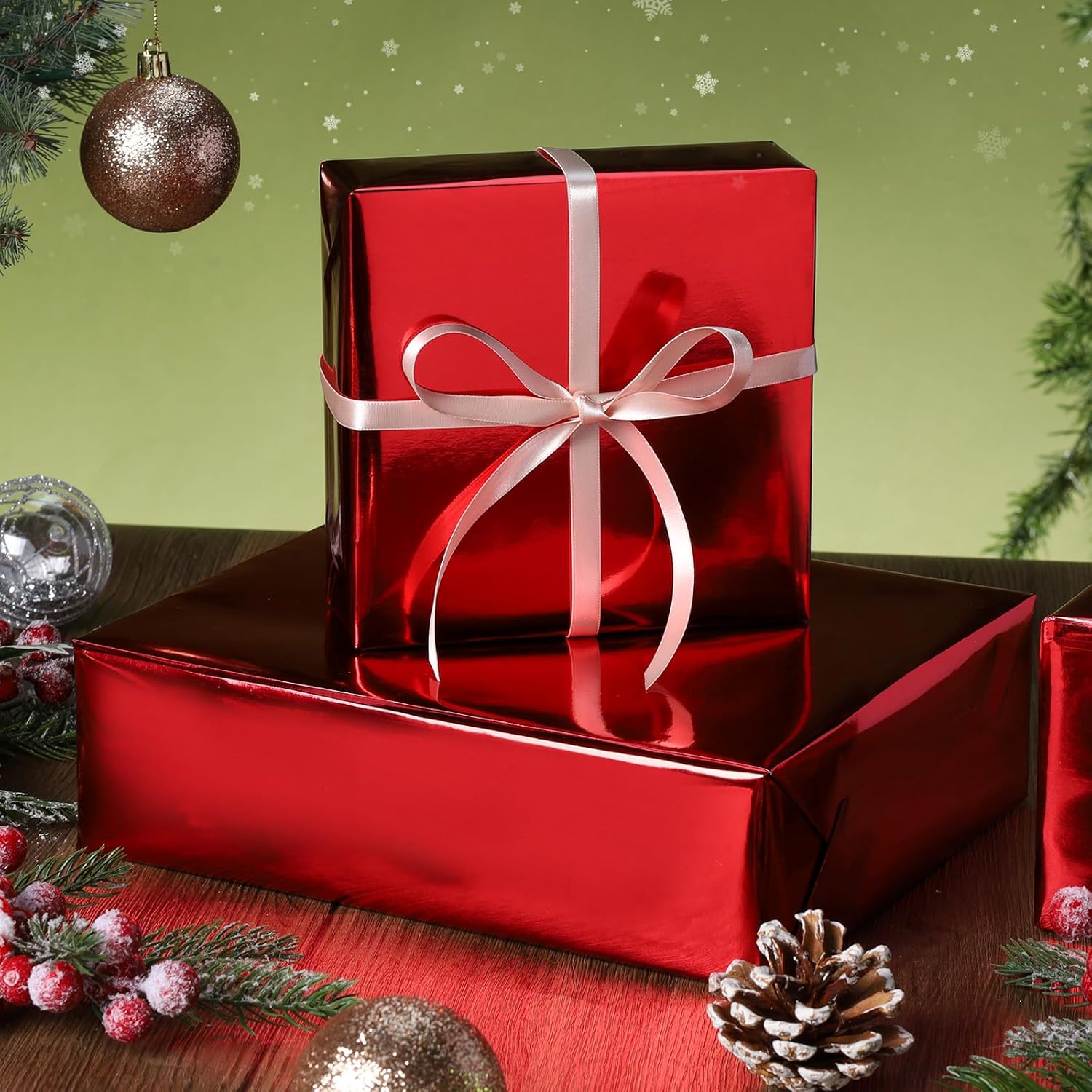Red Metallic Wrapping Paper, 17 Inch X 40 Feet Premium Foil Gift Wrap For Christmas, Holiday, Wedding, Birthday & Celebration Gifts