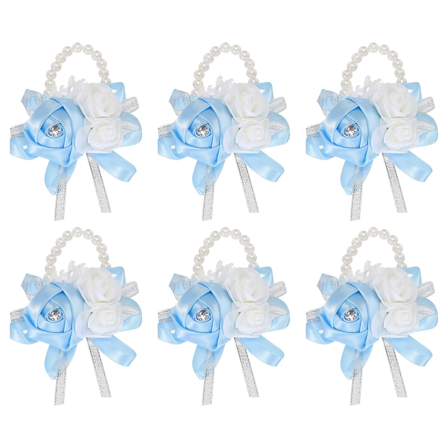 6Pcs Wrist Corsage Artificial Flower Bracelets Rose Wrist Bride Groom Decorative For Wedding Ceremony Prom Party Anniversary Sky Blue