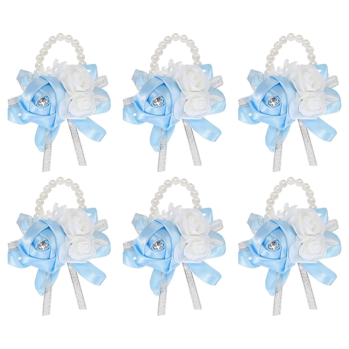 6Pcs Wrist Corsage Artificial Flower Bracelets Rose Wrist Bride Groom Decorative For Wedding Ceremony Prom Party Anniversary Sky Blue