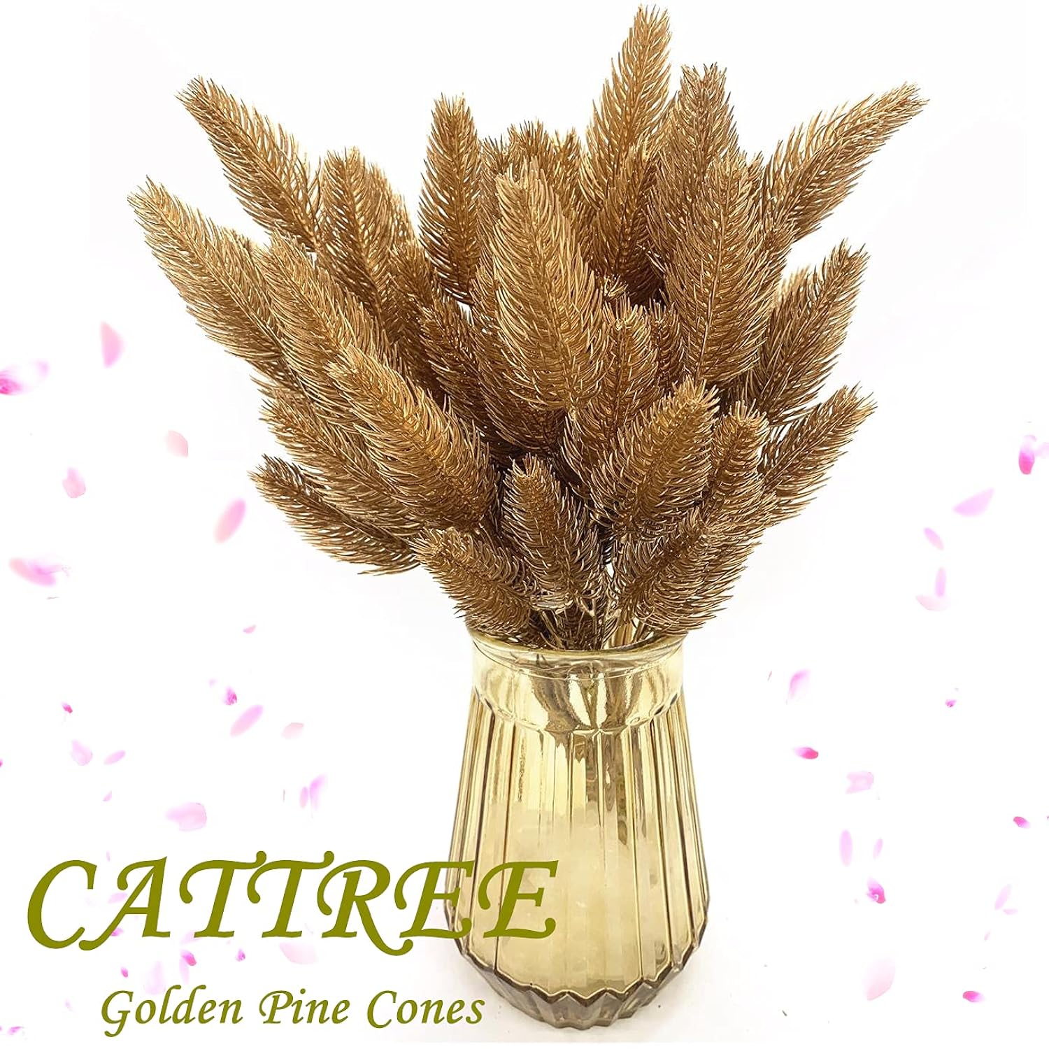 Artificial Gold Plants Plastic Fake Grass Faux Shrubs Simulation Bushes Home Indoor Outdoor Garden Leaves Wedding Festival Decoration Hall Table Planter Filler – Golden Pine Cones 4 Pack