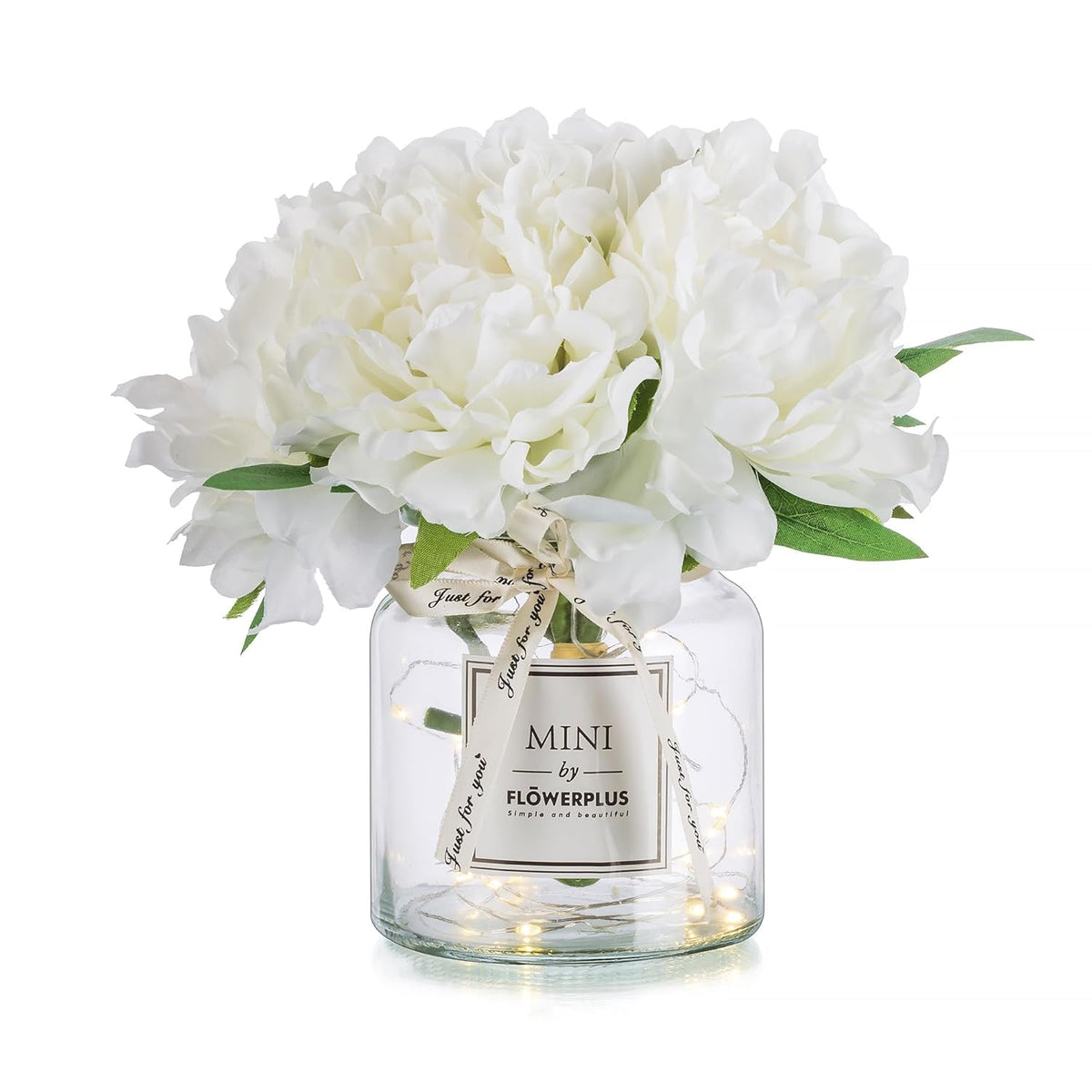 Fake Flowers In Vase For Table: White Artificial Peony With Glass Vase Led Light For Centerpieces Decor - Small Faux Arrangements Desk Vanity Bathroom Office Decoration