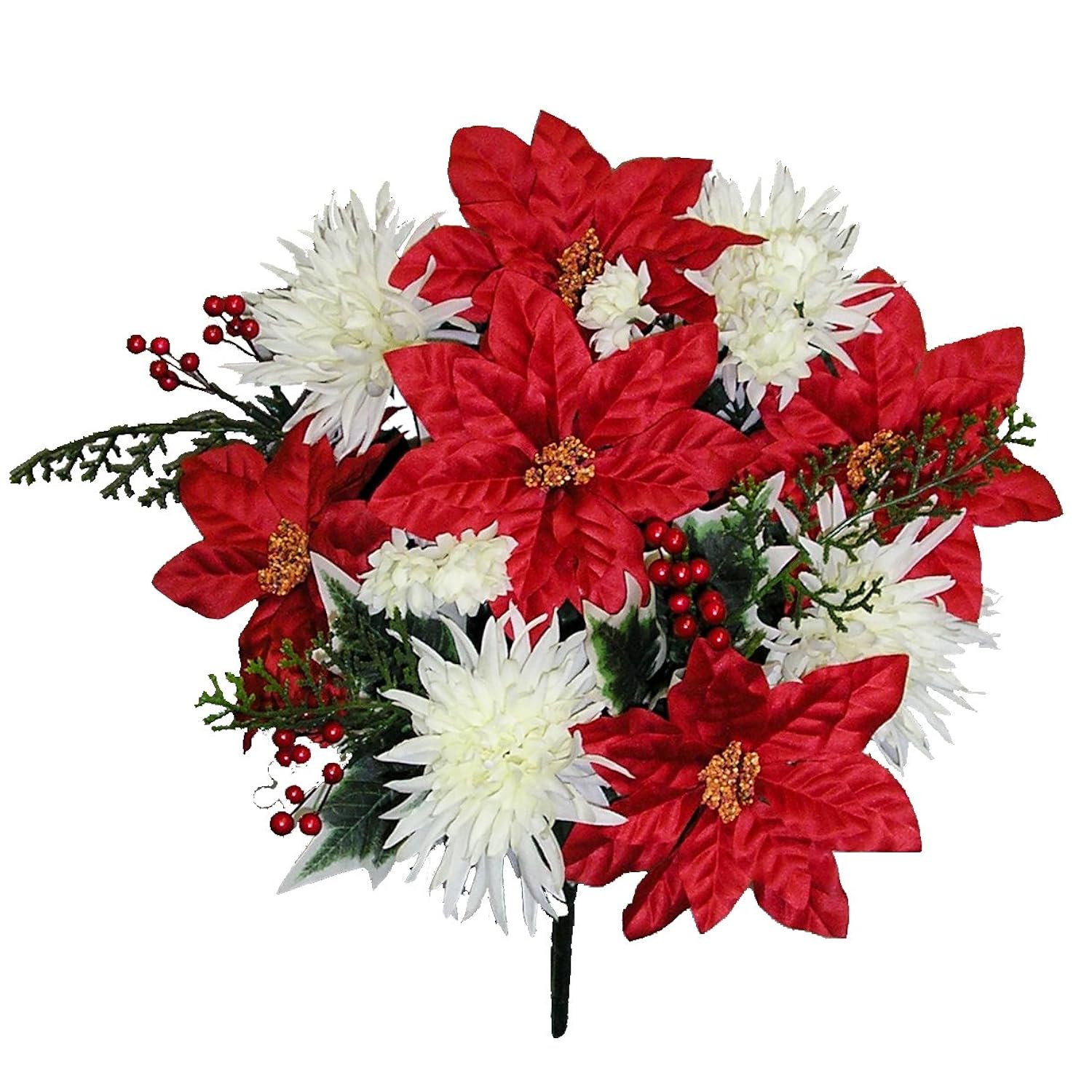 14 Stems Artificial Poinsettia Bouquet Fake Christmas Flowers, Faux Velvet Poinsettia Carnation For Christmas Home Decor, Holiday Bush, Indoor Floral, Cemetery Flowers - White/Red