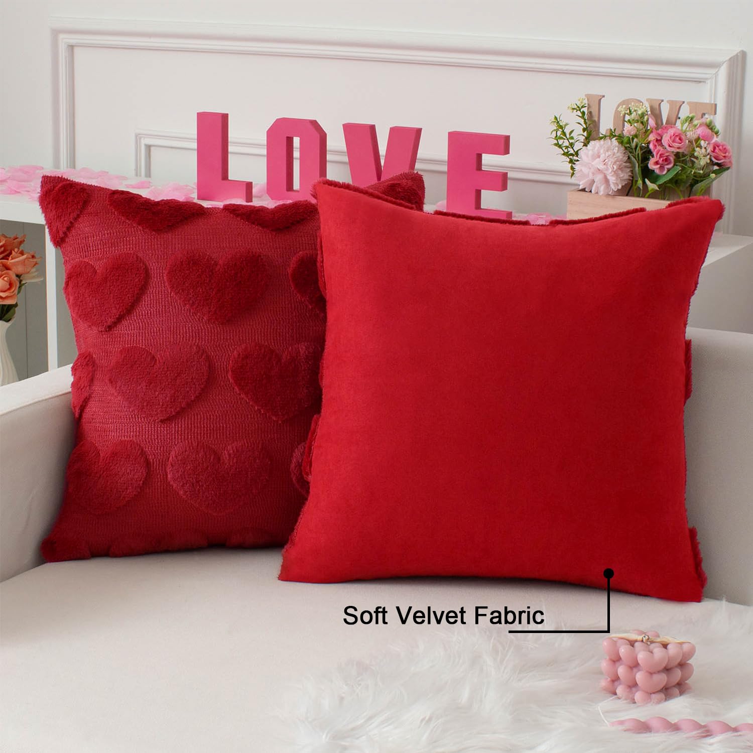 Kevin Textile Heart Love Cute Decorative Throw Pillow Covers 18X18 Inch Set Of 2 Soft Faux Fur Pillow Covers For Valentine'S Day Gifts Fluffy Plush Pillow Case For Couch Cushion Livingroom Red