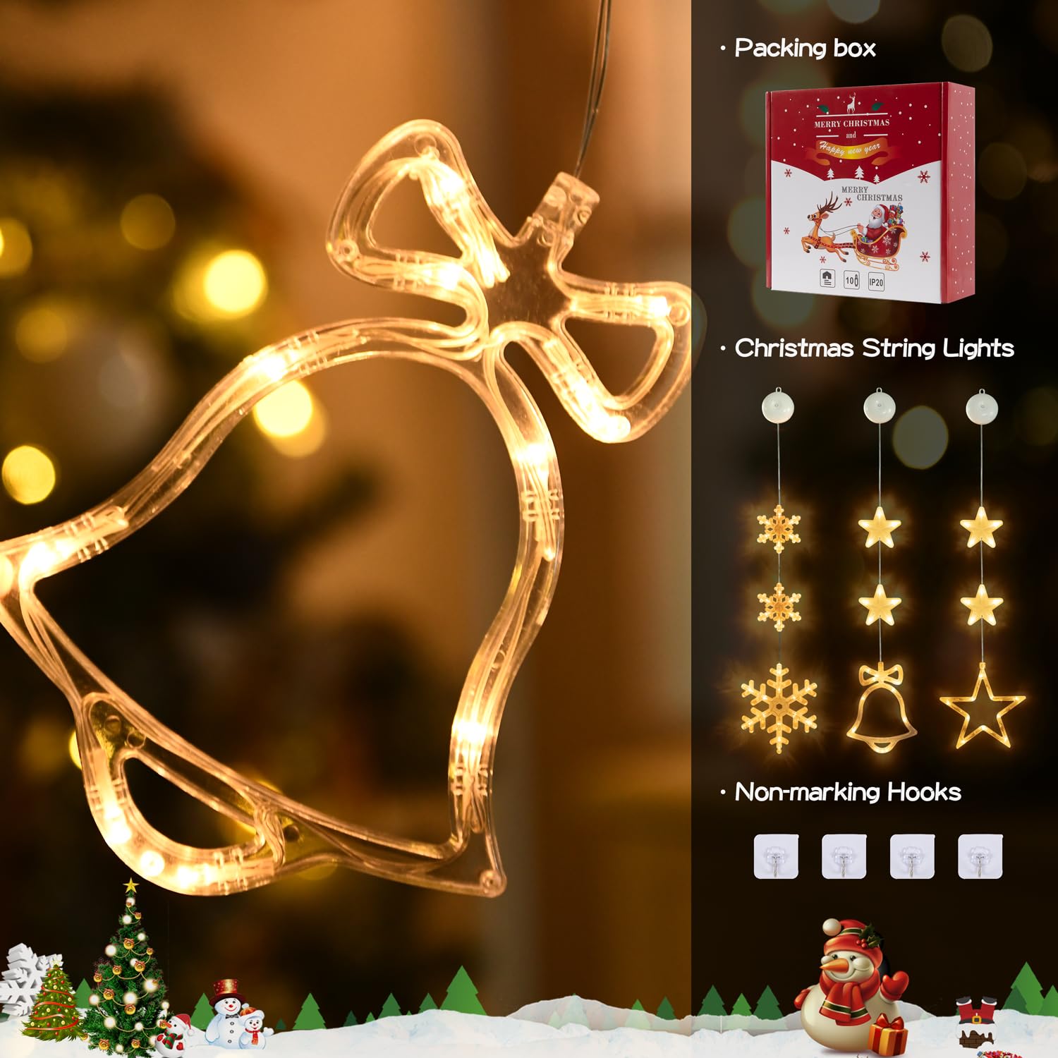 Christmas Window Lights Decorations Battery Operated With Suction Cup Couple, 3 Pack Snowflakes Bells And Stars Christma