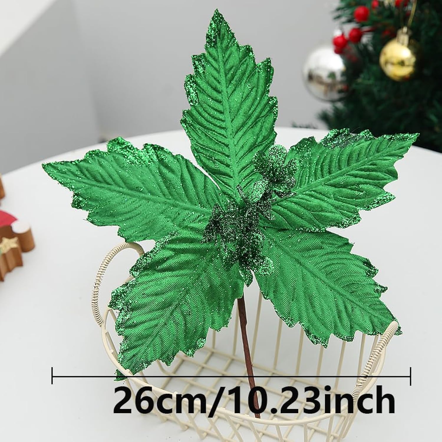 12 Pcs Glitter Green Christmas Flower For Party 10.23Inch Artificial Christmas Poinsettia Flowers With Stems Christmas Tree Green Flower Ornaments For Xmas Tree Wreath Floral Holidaydecorations