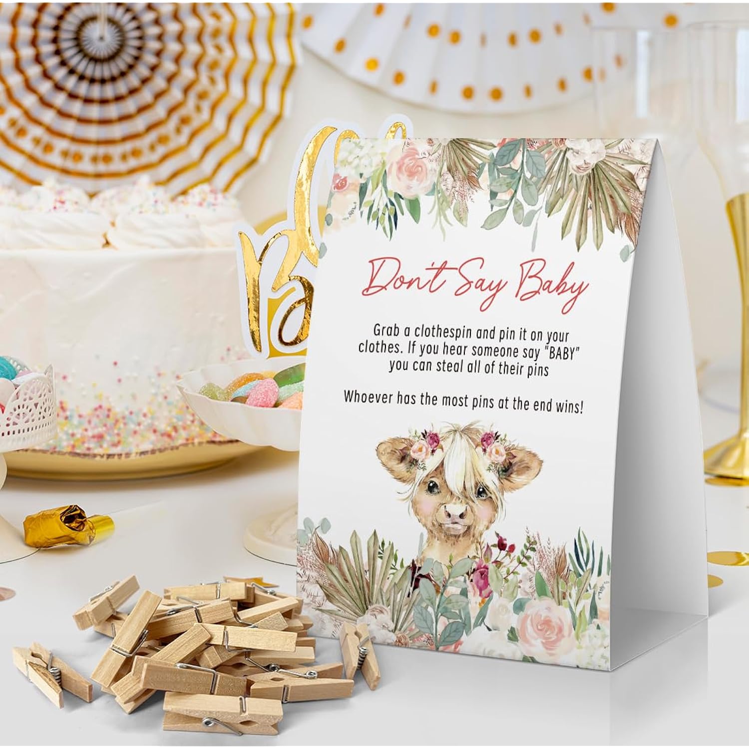 Don'T Say Baby Baby Shower Game, Girl Country Baby Shower Decoration, Highland Cow Don'T Say Baby Sign, Fun Baby Shower Games, Clothespins For Baby Shower-Dsba15