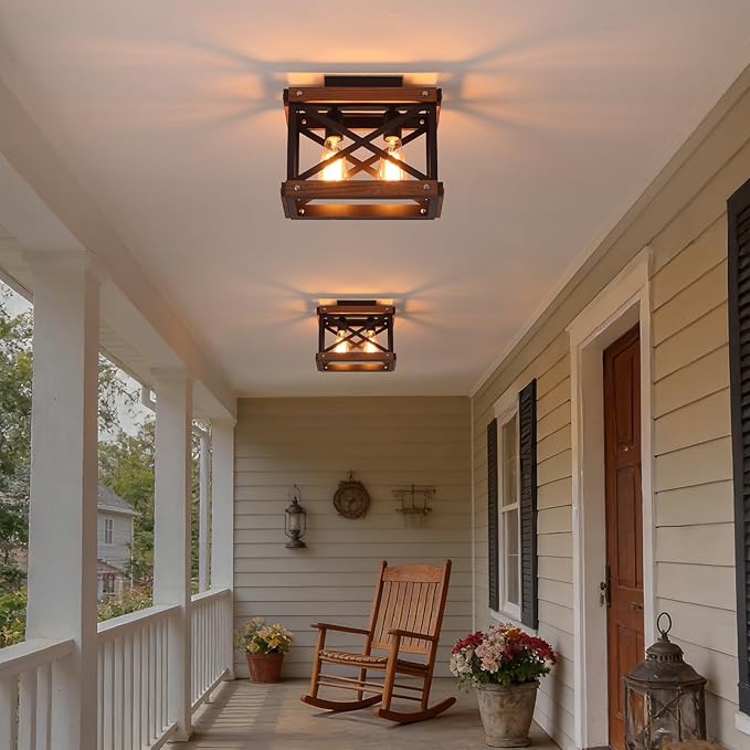 2 Light Rustic Farmhouse Wood Ceiling Light Oak Wood & Black Metal Flush Mount Fixture