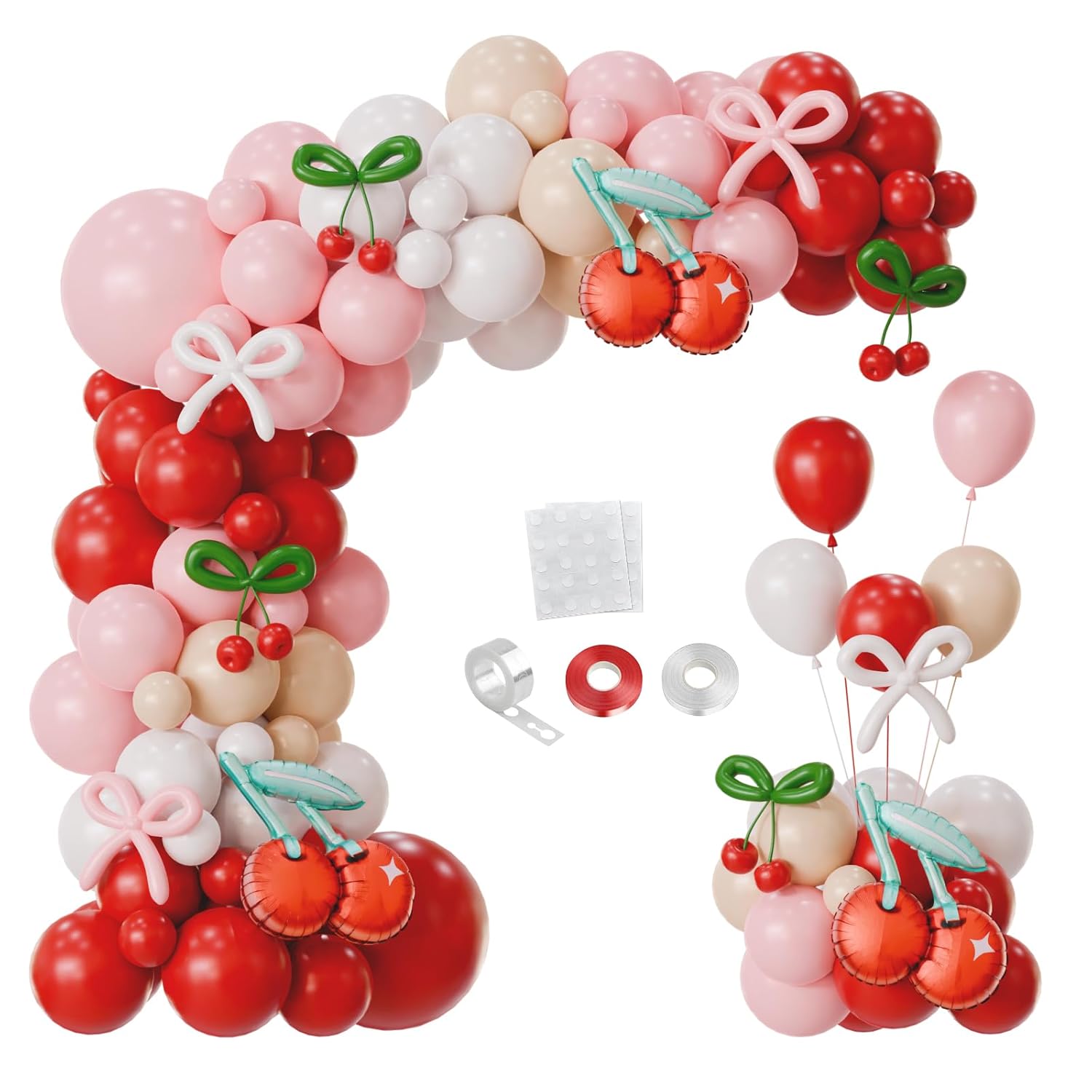 154Pcs Cherry Balloon Arch Kit, Pastel Pink Red White With 3Pcs Cherry Foil Balloons Garland For Cherry On Top Birthday Baby Shower Bachelorette Party Decorations