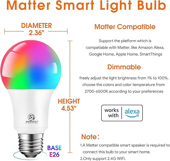 Matter Smart A19 LED Light Bulb E26 RGB 60W Equivalent 800LM WiFi Alexa Apple Home Google SmartThings