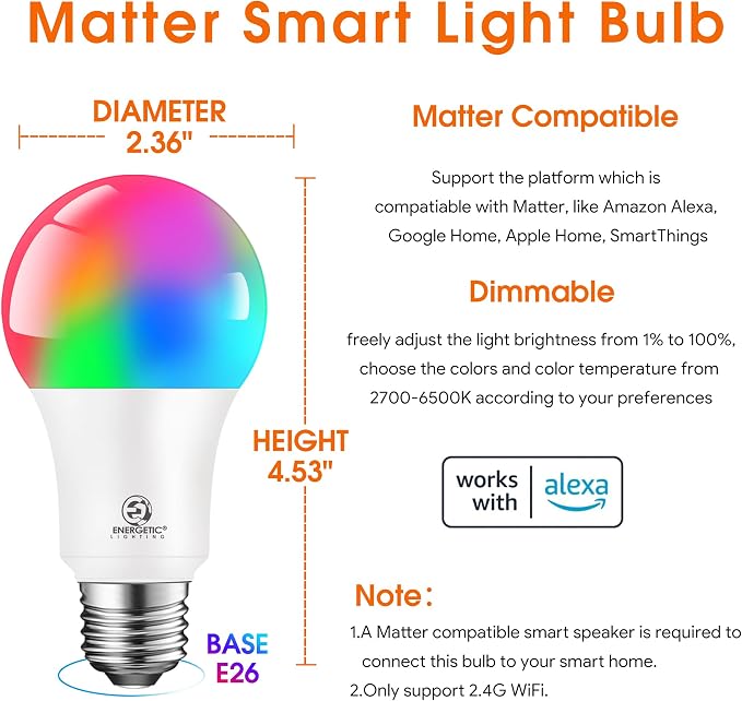 Matter Smart A19 LED Light Bulb 60W Equivalent RGB E26 1 Pack