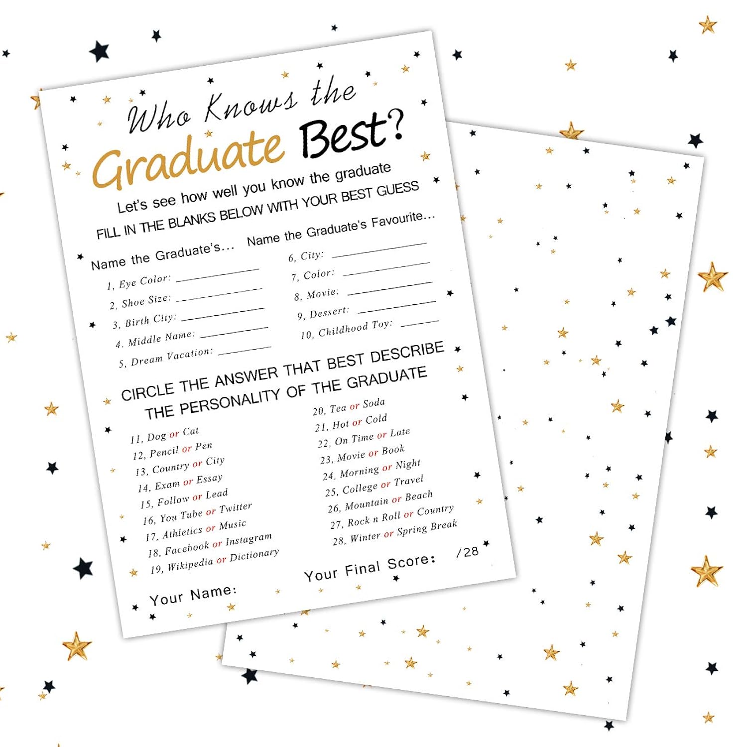 Graduation Party Game Cards - Who Knows The Graduate Best (36-Pack)- Graduation Party Collection Grad Celebration Party Supplies For High School/College/Senior School