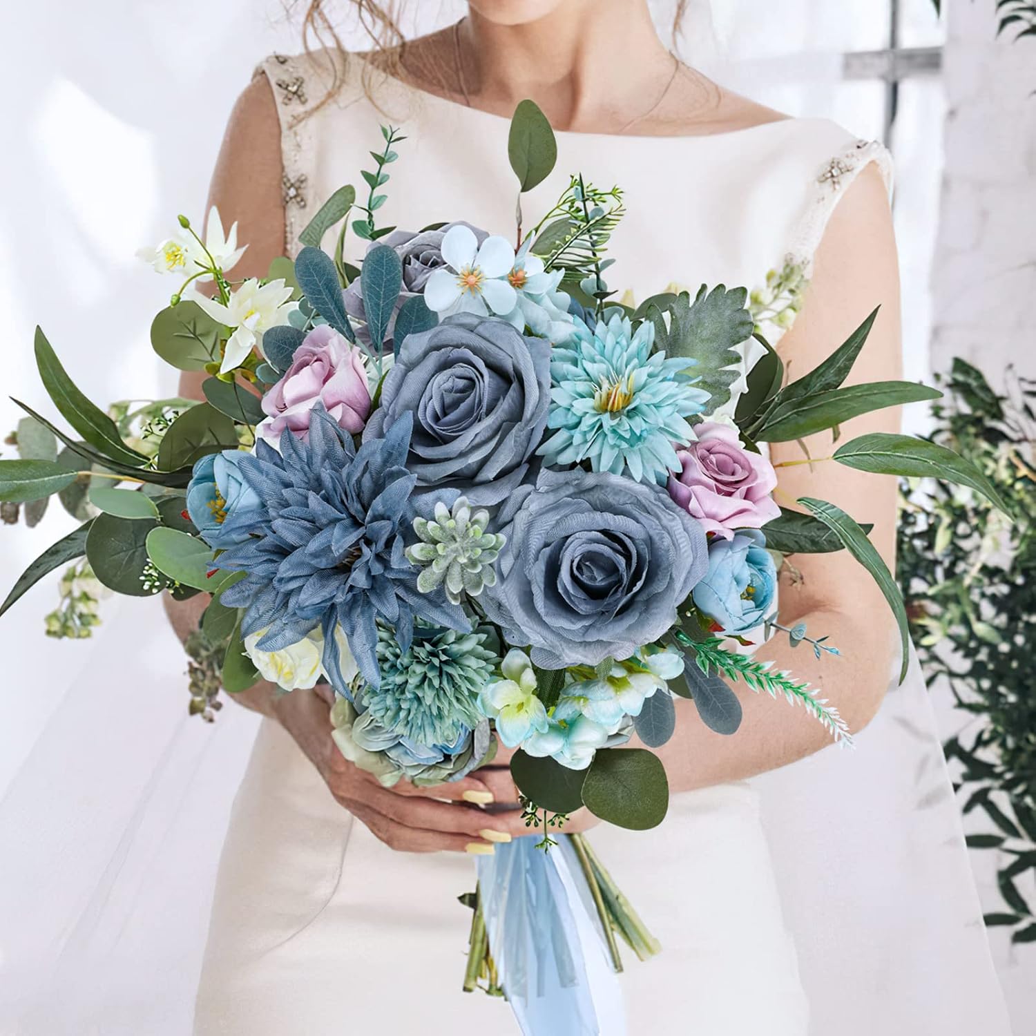 Blue Artificial Flowers Combo Silk Mix Peony Rose Hydrangea Fake Flowers W/Stem For Diy Wedding Bouquets Centerpieces Arrangements Table Decor Party Bridal Baby Shower Home Decorations