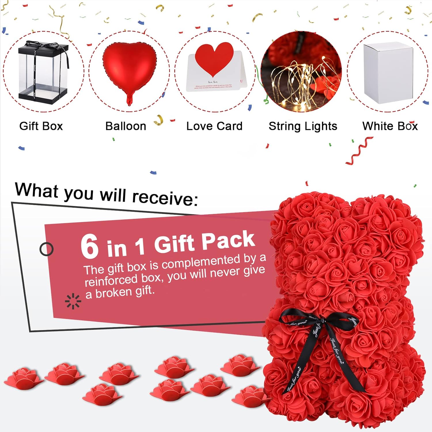Rose Bear Valentines Day Flower Gifts For Her, Rose Teddy Bear With Lights, Cute Teddy Flower For Girl, Romantic Present For Women Wife Girlfriend Mom Grandma With Transparent Gift Box And Love Card