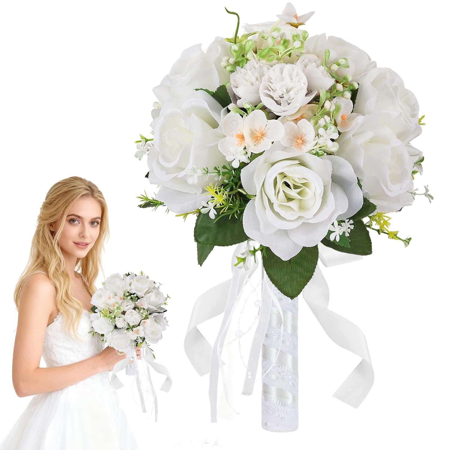 Wedding Bouquet For Bride – 8 Inch Artificial Silk Roses, Realistic Bridal & Bridesmaid Bouquet For Ceremony, Church, Anniversary, And Home Décor (White)