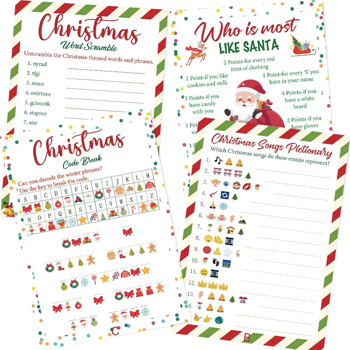 4 Christmas Party Games For Family Office? 25 Players Xmas Emoji Songs Pictionary & Word Scramble & Who Is Most Like Santa & Code Break Games With Answer Key For Large Groups Holiday Parties