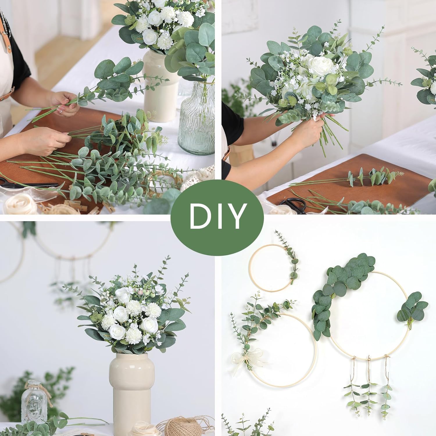 110 Pcs 7 Kinds Mixed Artificial Eucalyptus Stems And Faux Flowers,Fake Silver Dollar Eucalyptus Leaves Stems Bulk Real Touch Leaf Branches For Diy Bouquets Floral Arrangement Wedding Home Decor