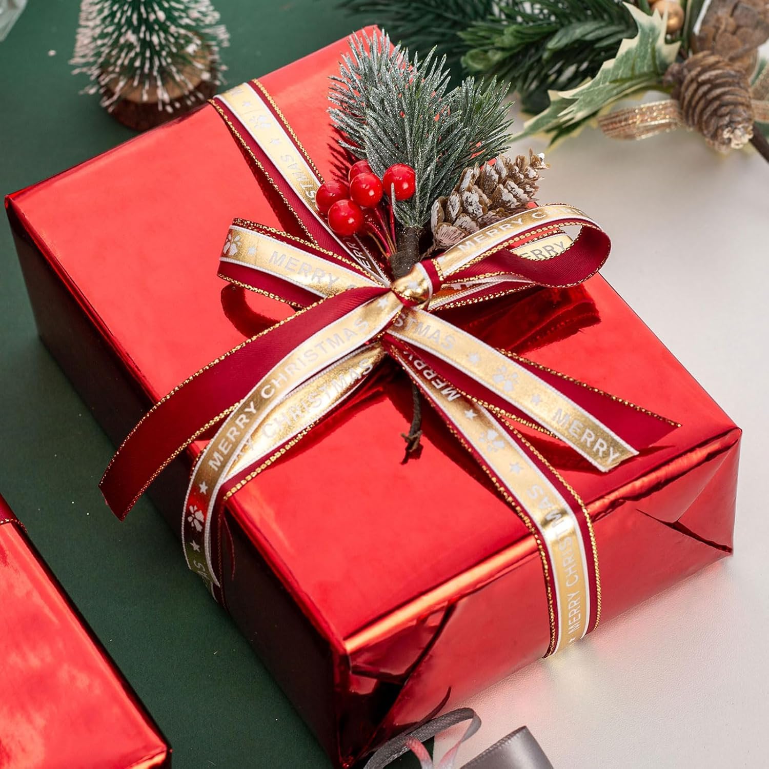 Red Wrapping Paper Roll - 17 In X 32.8 Ft(46.5 Sq.Ft.) Metallic Red Solid Color Gift Wrap With Grid Cutting Lines For Mothers Day, Christmas, Birthday, Wedding, Bridal Shower, Valentines Day