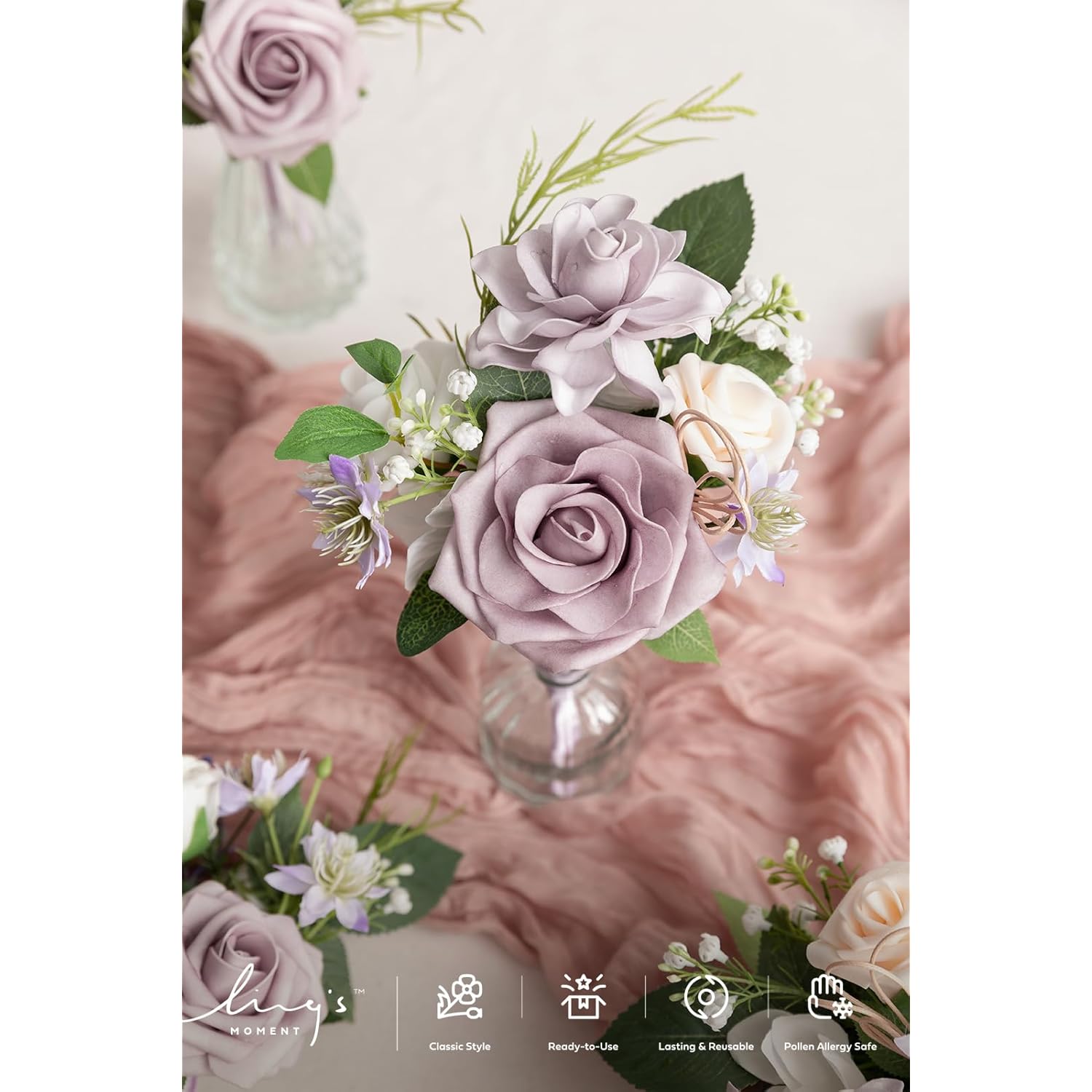 6 Pack Lilac & Light Purple Wedding Centerpieces Mini Bouquets Table Decor Flower Rose Pre-Made Floral Three Large Bouquets And Three Small Ones