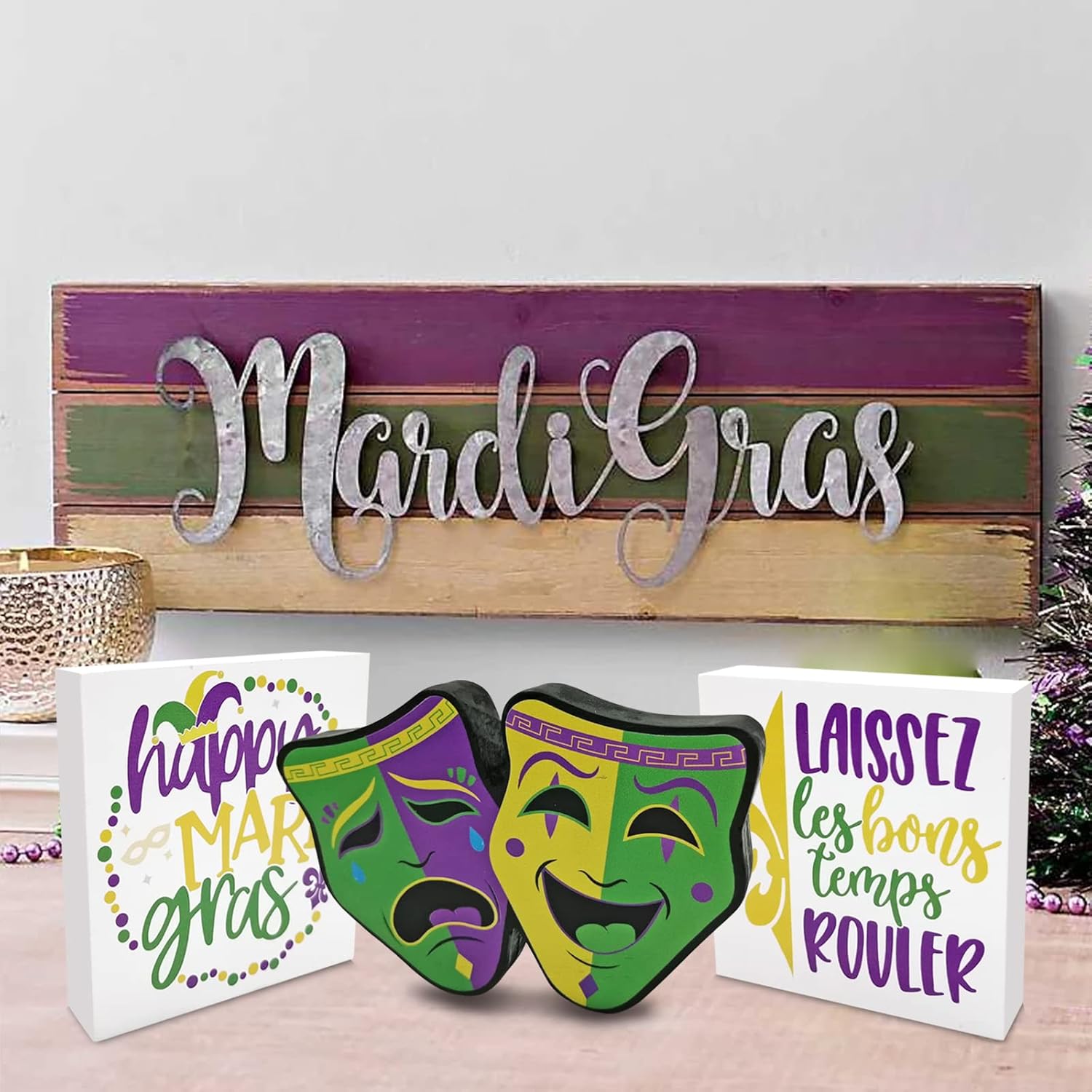 Mardi Gras Wood Signs, Fat Tuesday Tiered Tray Mini Blocks Jester Cap Farmhouse Kitchen Coffee Bar Shelf Spring New Orleans Festival Decor, 3Pcs