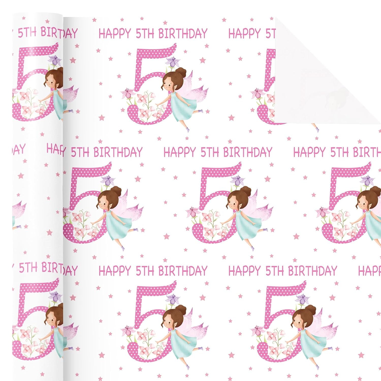 Girls 5Th Birthday Wrapping Paper Roll - Mini Roll - 17 Inch X 16.5 Feet - Girl Fairy Happy 5Th Birthday Wrapping Paper Perfect For Kids Girls, Baby Shower, Party