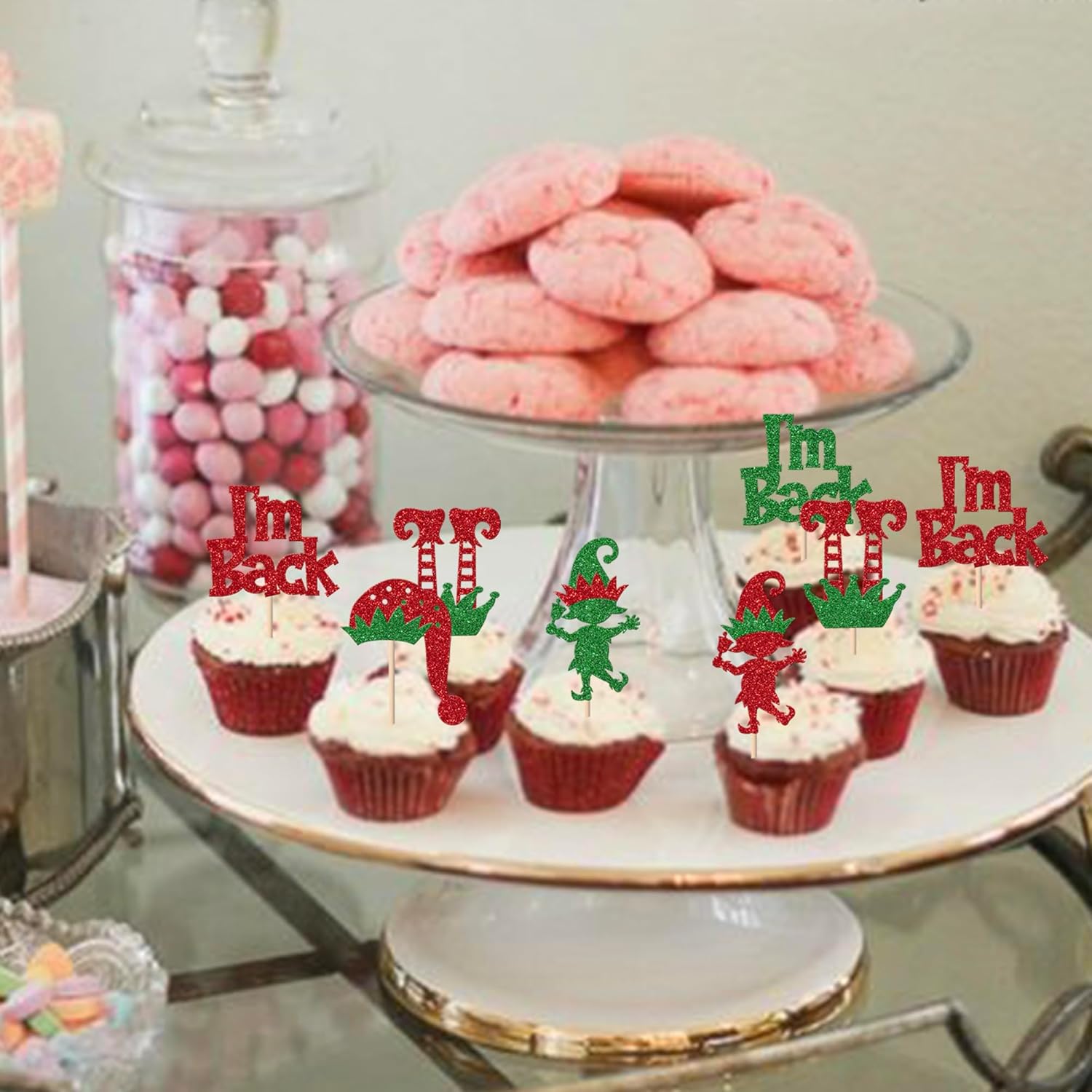 24 Pack Elf Cupcake Toppers Green Red Glitter Santa Hat I'M Back Elf Legs Christmas Cupcake Picks For Merry Christmas New Year Holiday Baby Shower Birthday Party Cake Decorations