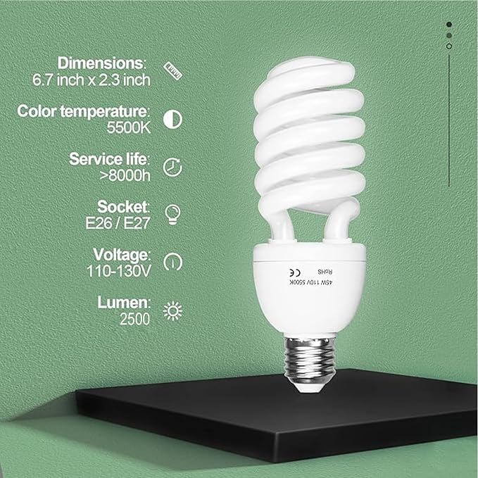 2 Pack 45W Full Spectrum CFL Light Bulbs 5500K Daylight Spiral Photography Softbox Studio Lighting