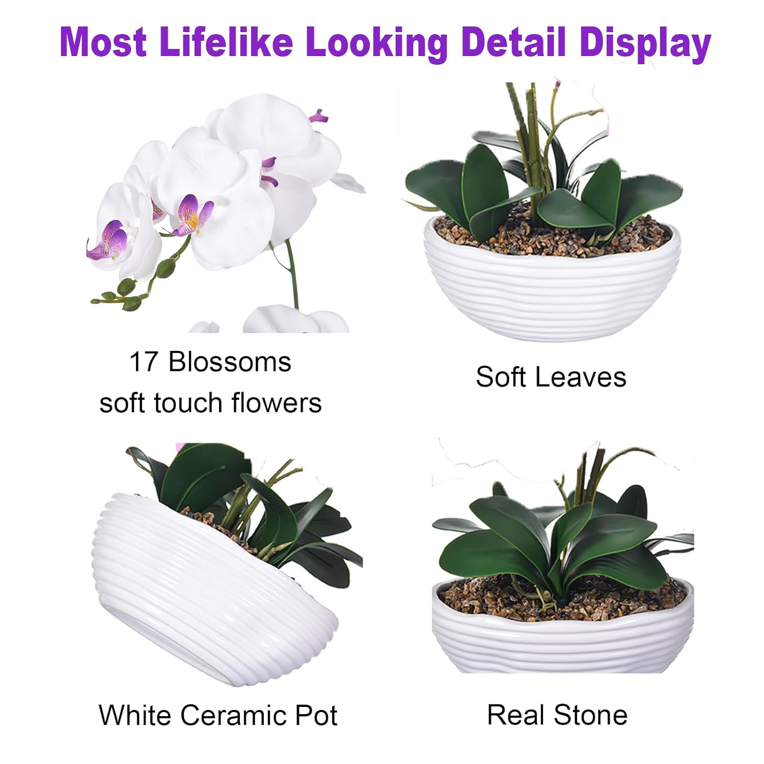 19" H Phalaenopsis Faux Orchid Plant Silk Orchid Centerpiece Artificial Floral Arrangement In Ceramic Pot (White)