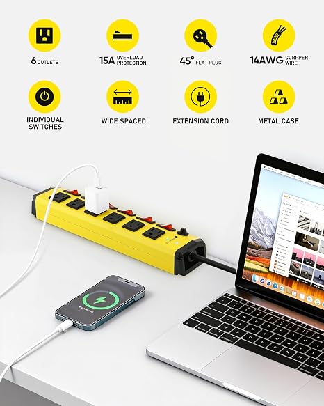 Heavy Duty Metal Surge Protector Power Strip 6 Outlets Individual Switches 6FT Flat Plug 1200J