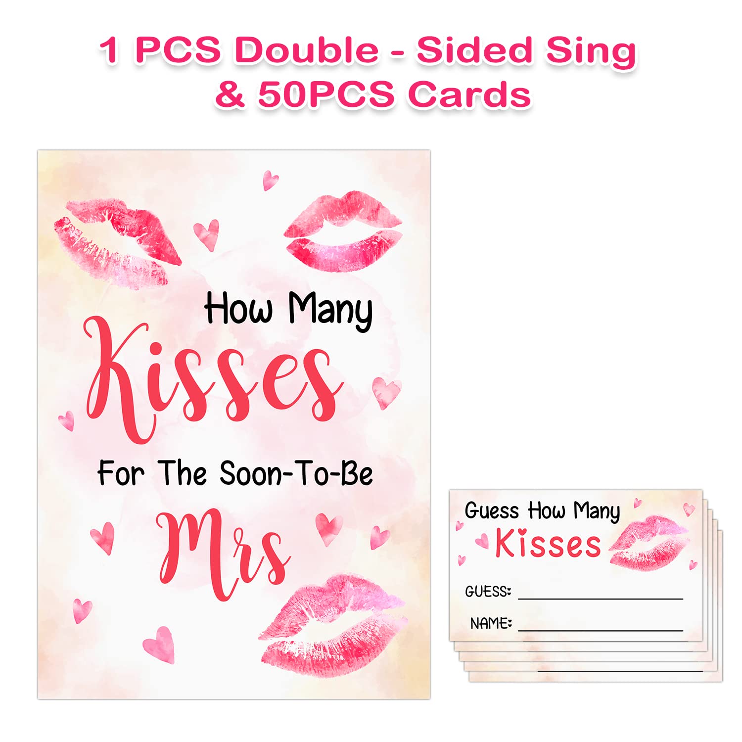 Bridal Shower Game,Guess How Many Kisses For The Soon To Be Mrs - Decorations, Party Favors For Bridal Showers, Weddings, Engagements - Game Cards Kit (1 Sign & 50 Cards)