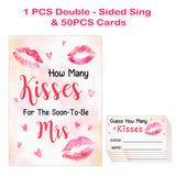Bridal Shower Game,Guess How Many Kisses For The Soon To Be Mrs - Decorations, Party Favors For Bridal Showers, Weddings, Engagements - Game Cards Kit (1 Sign & 50 Cards)