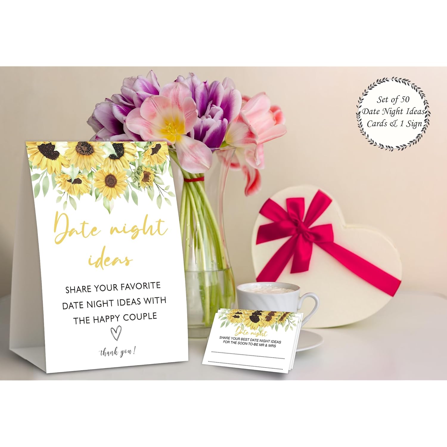 Sunflower Date Night Games,Date Night Ideas,Wedding Shower Game,Rustic Bridal Shower Decorations,Popular Bridal Shower Game,Set Including 1 Sign And 50 Date Night Ideas Cards-08