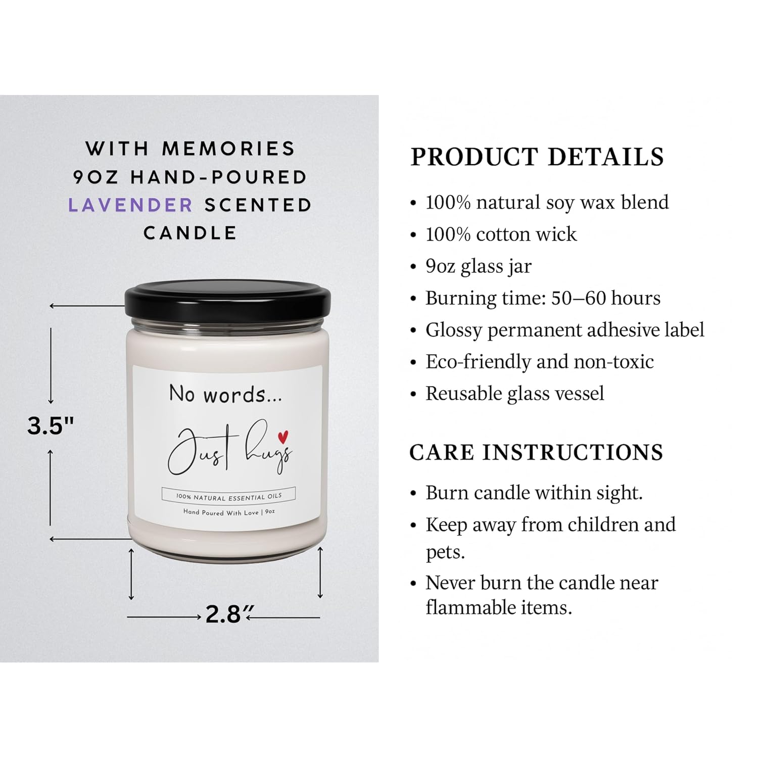 -No Words, Just Hugs Candle - 9Oz 100% Natural Soy Wax With Essential Oils, 50-60 Hours Burn Time - Sympathy, Condolence, Encouragement, Thinking Of You Gift For Friends & Loved Ones