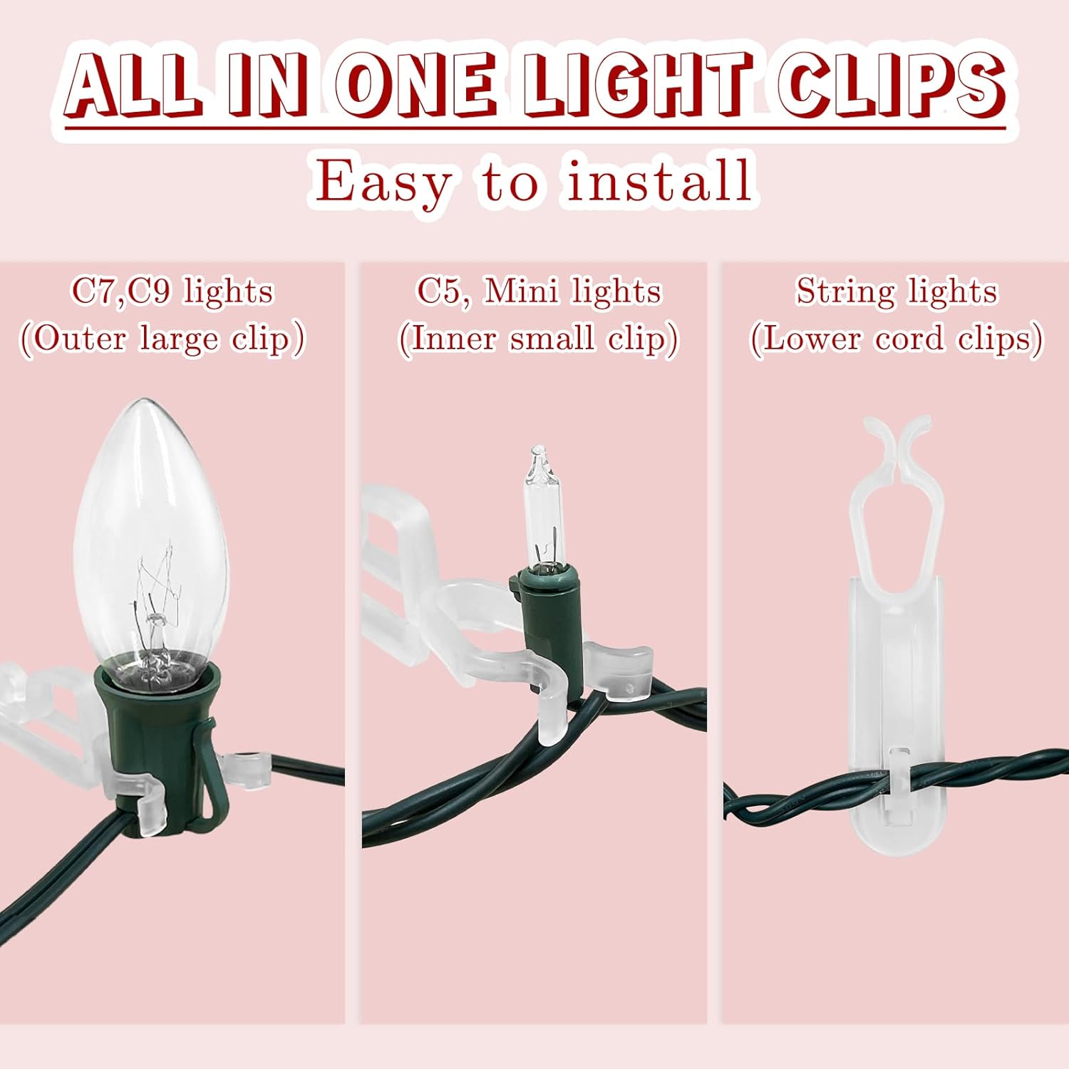 Christmas Light Clips All In One Clips 100Pack, Universal Gutter And Shingle Clip Hooks For Hanging C7, C9 And Mini Lights, Outdoor Xmas Holiday Light Hanger Clips Outside, No Tools Required