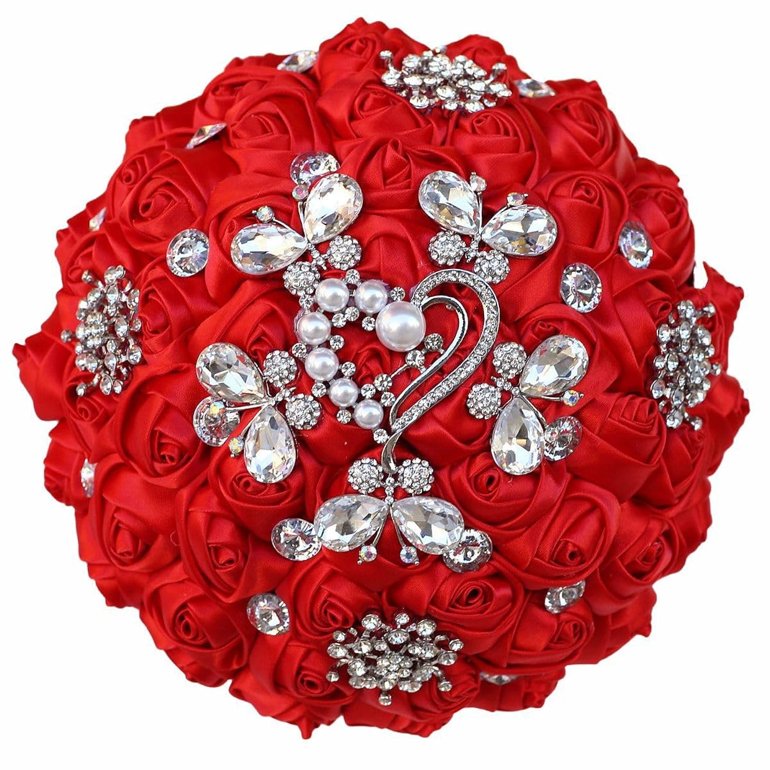 Handmade Rhinestone Brooch Satin Bridal Bouquet,Crystal Wedding Round Tossing Bouquet Mini,Artificial Flower Bunch With Diamond Pearl Ribbon 5.9"(95#Red)
