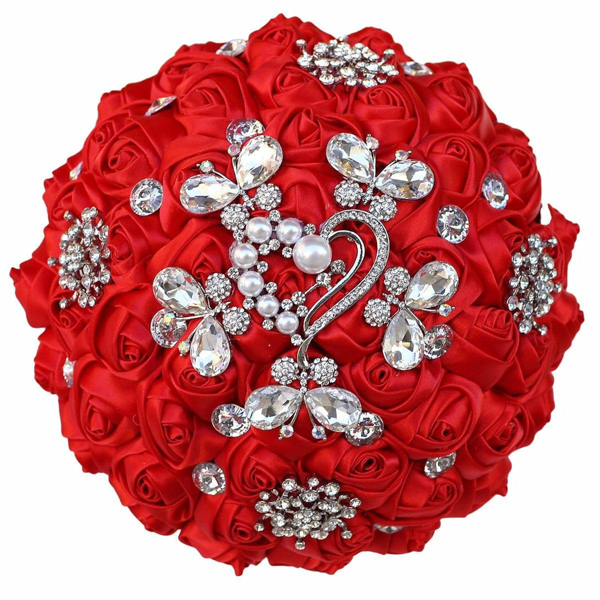 Handmade Rhinestone Brooch Satin Bridal Bouquet,Crystal Wedding Round Tossing Bouquet Mini,Artificial Flower Bunch With Diamond Pearl Ribbon 5.9"(95#Red)