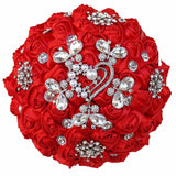 Handmade Rhinestone Brooch Satin Bridal Bouquet,Crystal Wedding Round Tossing Bouquet Mini,Artificial Flower Bunch With Diamond Pearl Ribbon 5.9"(95#Red)