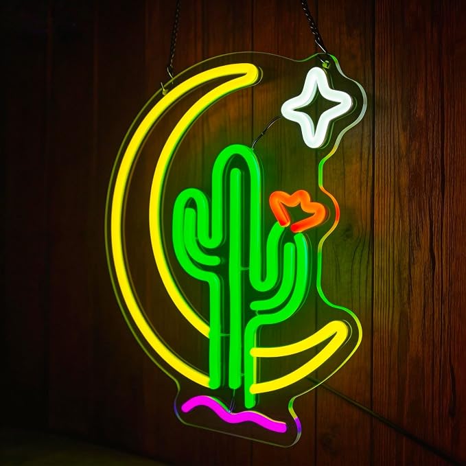 Cactus Moon Neon Sign Dimmable Boho LED Wall Light 13.6 x 12 Inch Southwestern Desert Decor for Bedroom Party Room