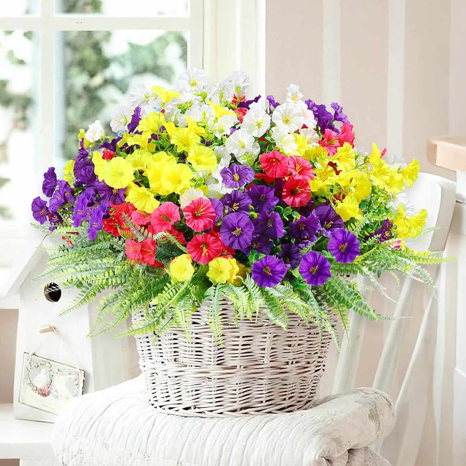 16 Bundles Outdoor Artificial Fake Flowers Uv Resistant No Fade Plastic Faux Morning Glory Silk Flowers Plants For Home Garden Porch Patio Window Box Hanging Décor (Mix White Purple Fuchsia Yellow)