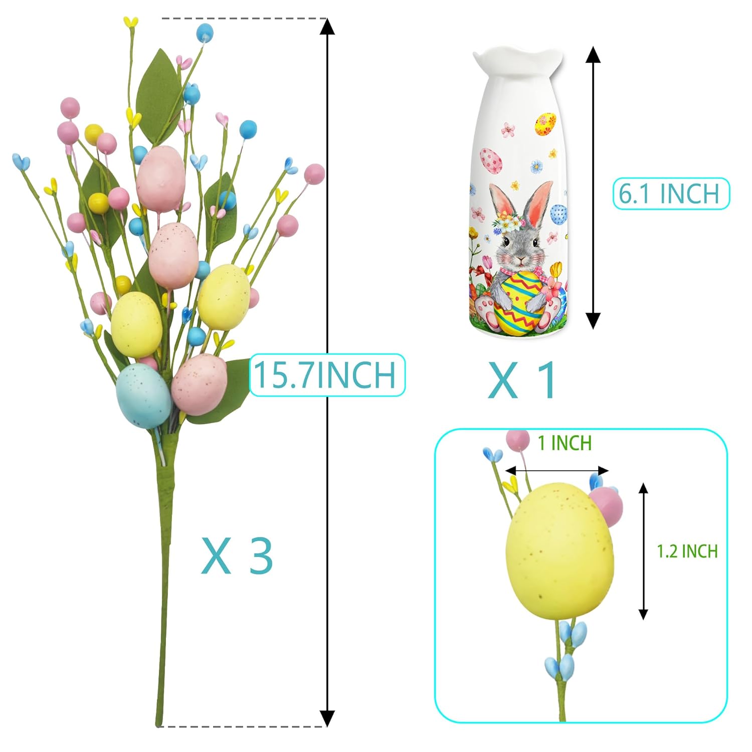Easter Decor, Easter Artificial Flowers 3 Pcs With Vase, Bunny Table Decorations, Spring Tabletop Centerpiece For Home, Living Room, Dining Table, Eggs Spring Flowers Gifts For Women
