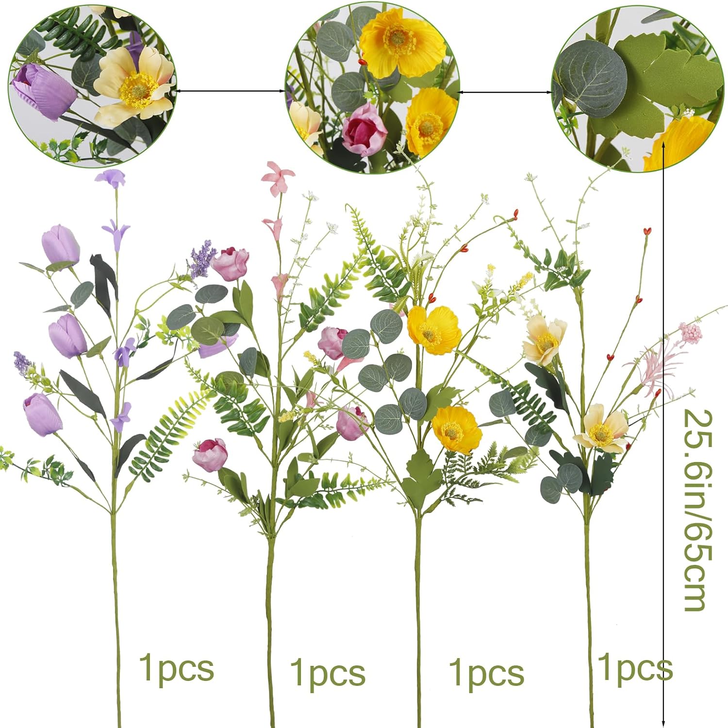 4 Pcs Wildflowers Artificial Flowers Daisies Roses And Poppies Faux Wildflowers Summer Flowers Artificial For Decoration Spring Silk Floral Arrangement Wedding Party Table Centerpieces Home